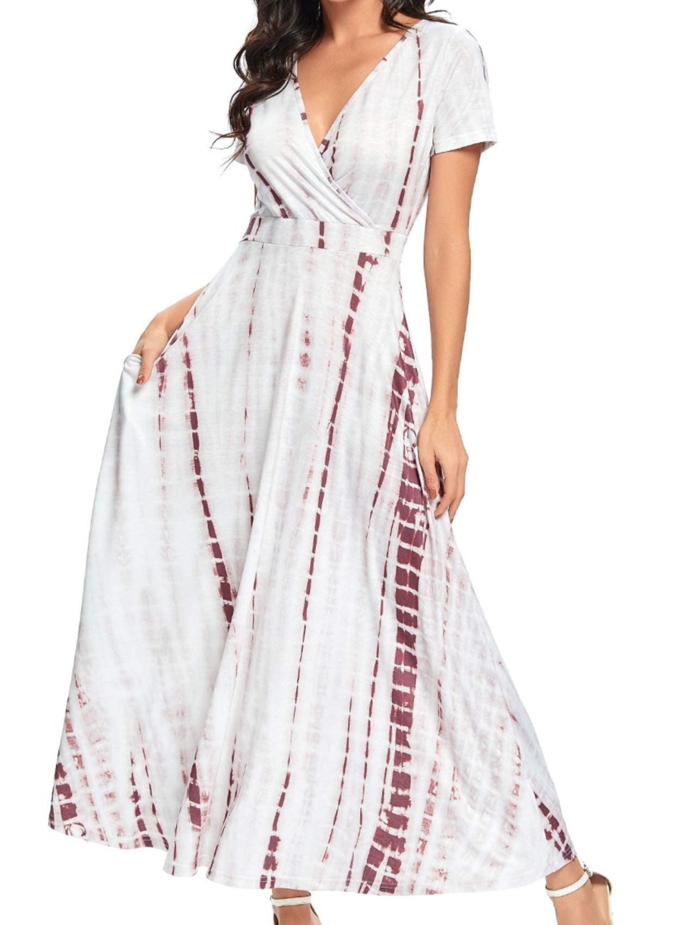 Surplice Tie-Dye Maxi Dress in White and Maroon